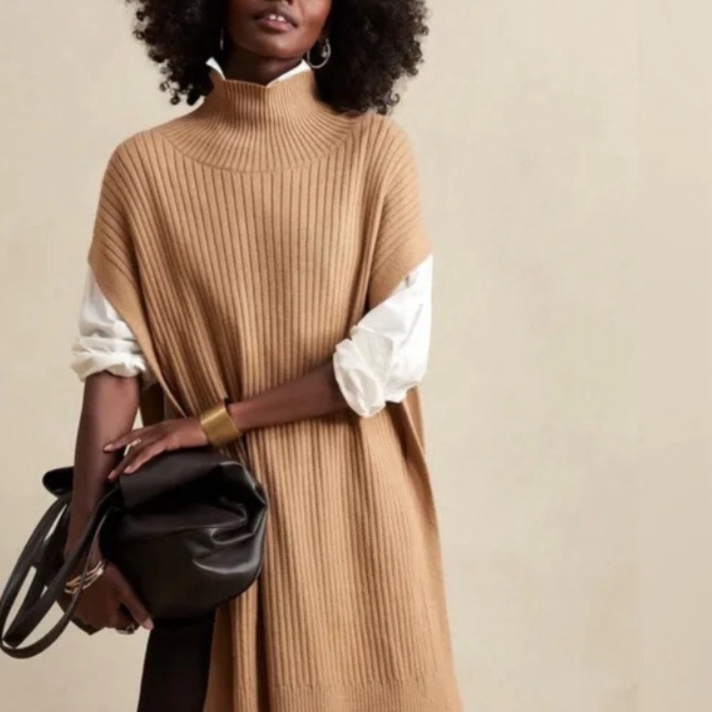 Banana Republic Camel Mock Neck Knit Poncho Sweater Size XS S Ribbed Jumper Cozy